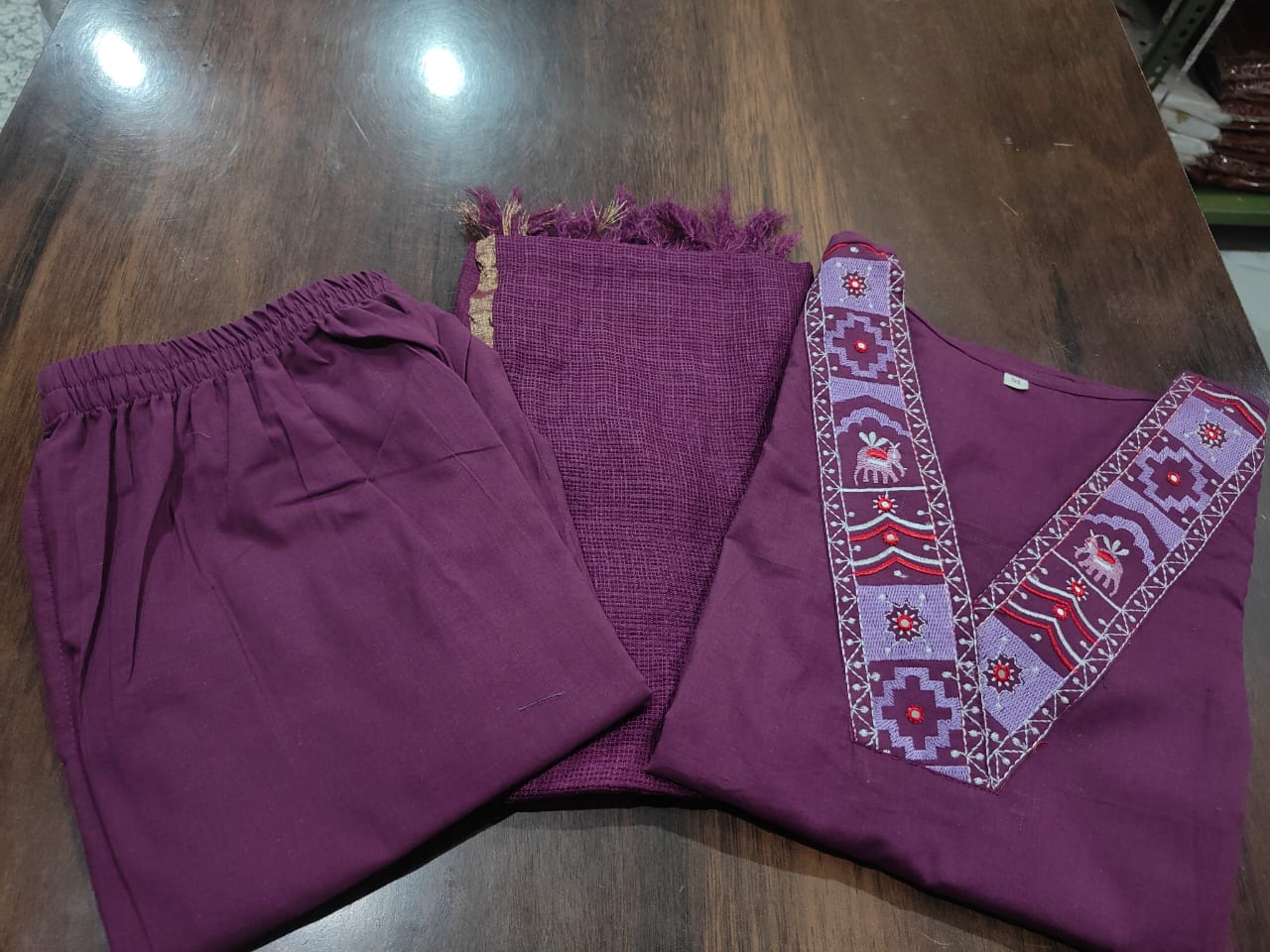 Wine Cotton Kurta Pant and Dupatta Set with Neck Work
