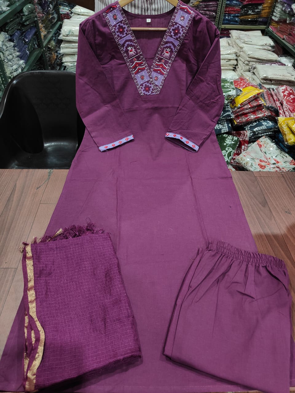 Wine Cotton Kurta Pant and Dupatta Set with Neck Work