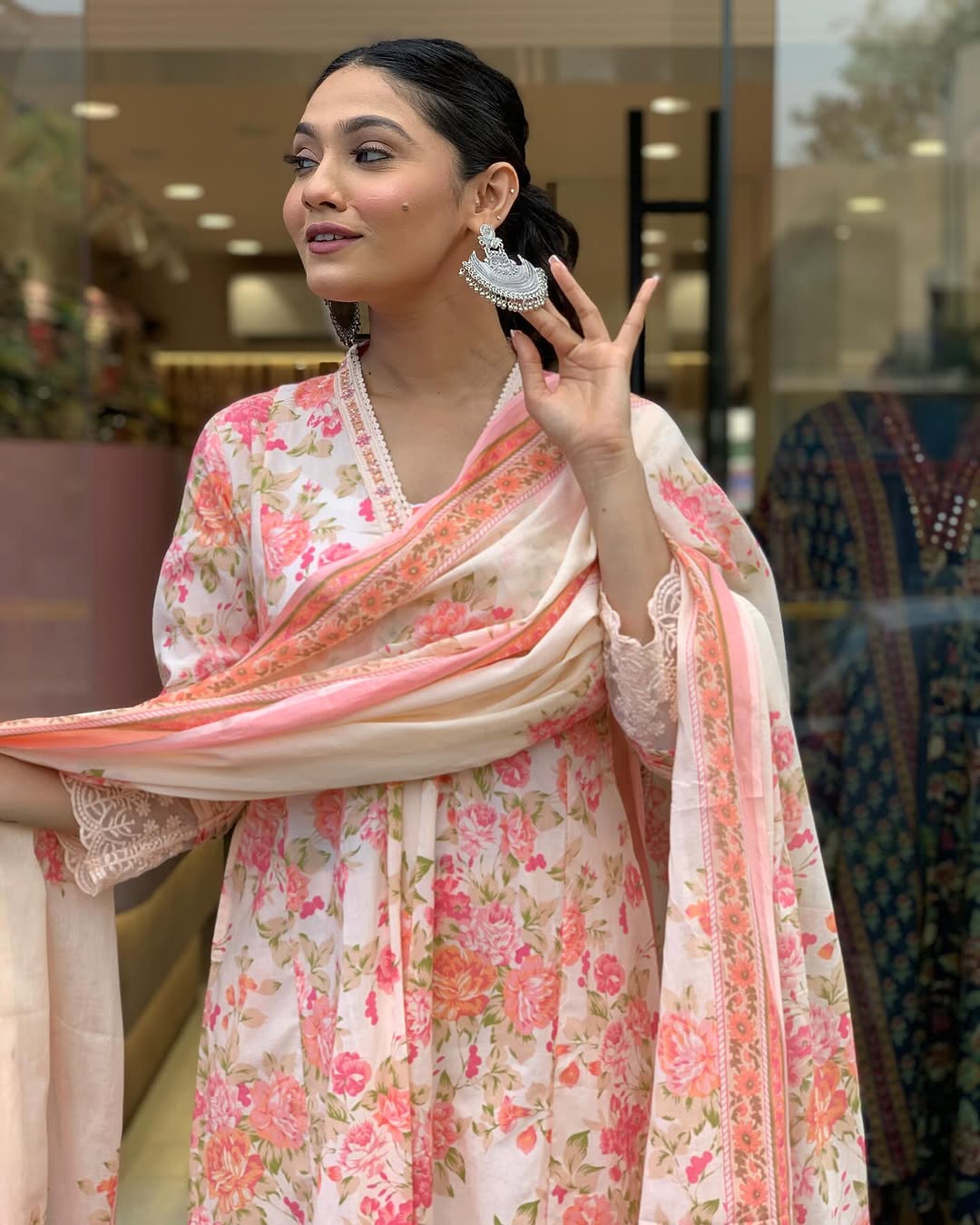 Floral Print Pure Cotton Ethnic Dress With Attached Dupatta
