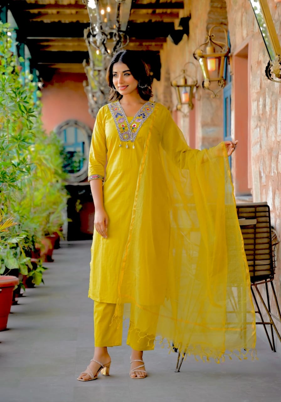 Yellow Cotton Kurta Pant and Dupatta Set with Neck Work