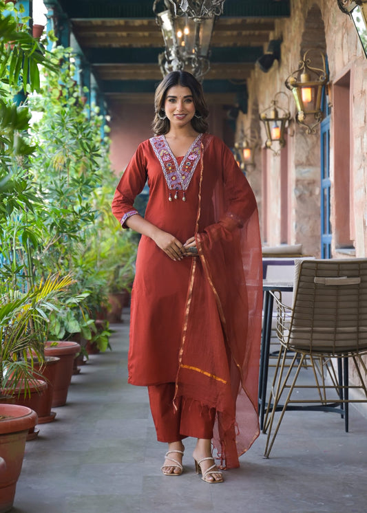 Orange Cotton Kurta Pant and Dupatta Set with Neck Work