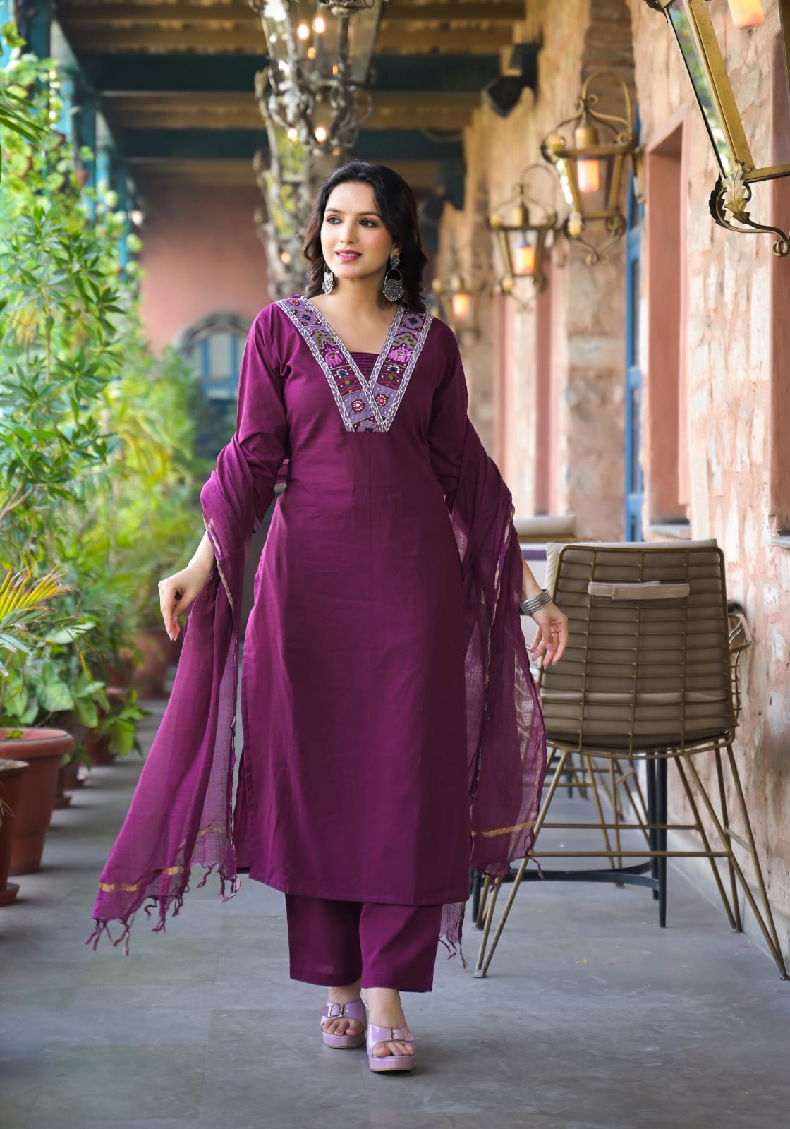 Wine Cotton Kurta Pant and Dupatta Set with Neck Work