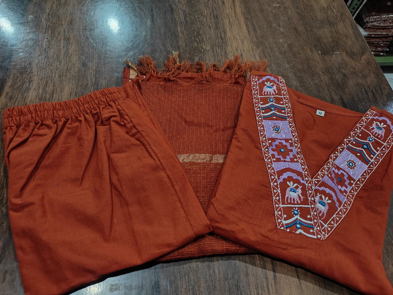 Orange Cotton Kurta Pant and Dupatta Set with Neck Work