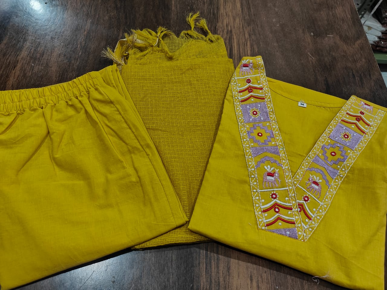 Yellow Cotton Kurta Pant and Dupatta Set with Neck Work