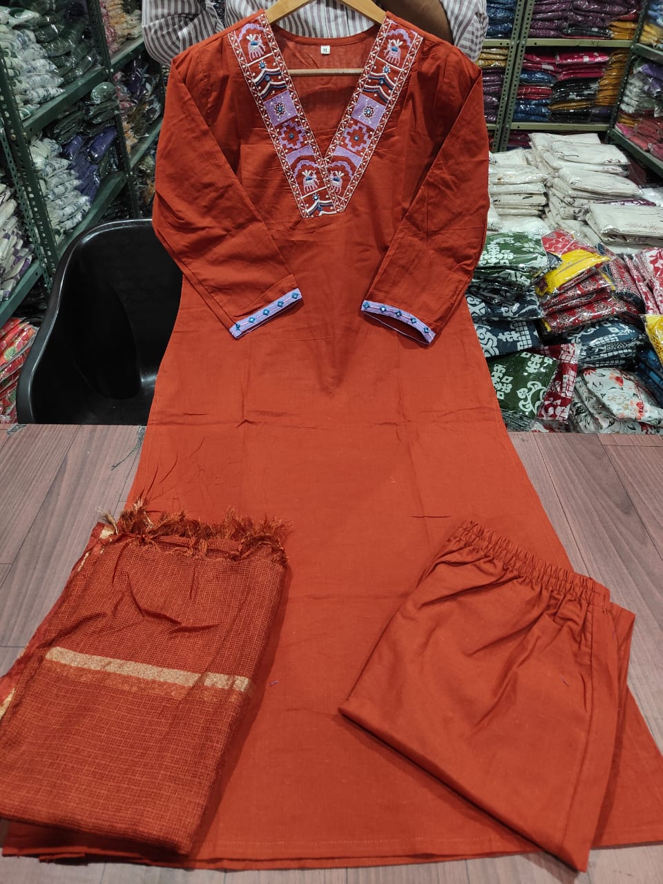 Orange Cotton Kurta Pant and Dupatta Set with Neck Work