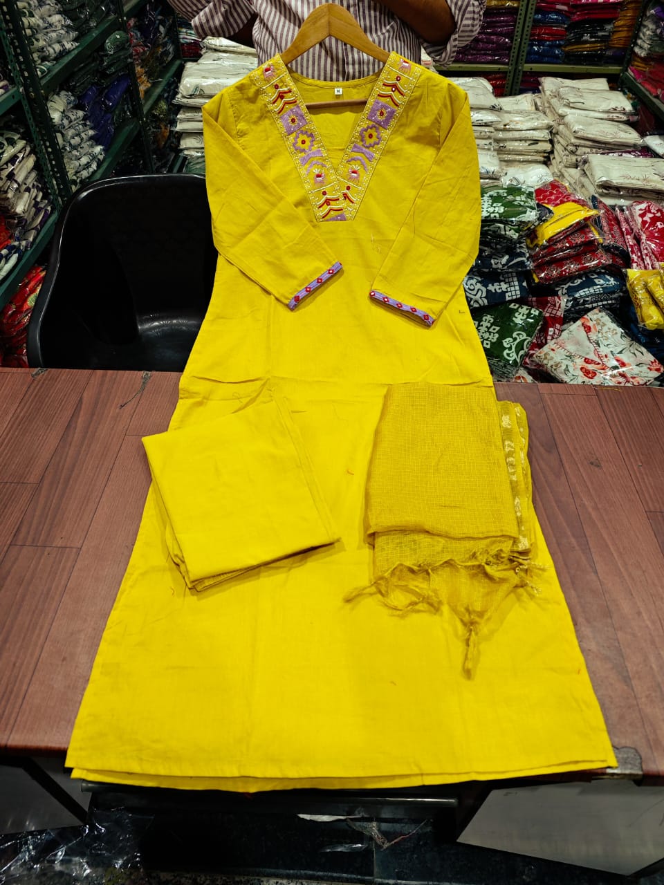 Yellow Cotton Kurta Pant and Dupatta Set with Neck Work
